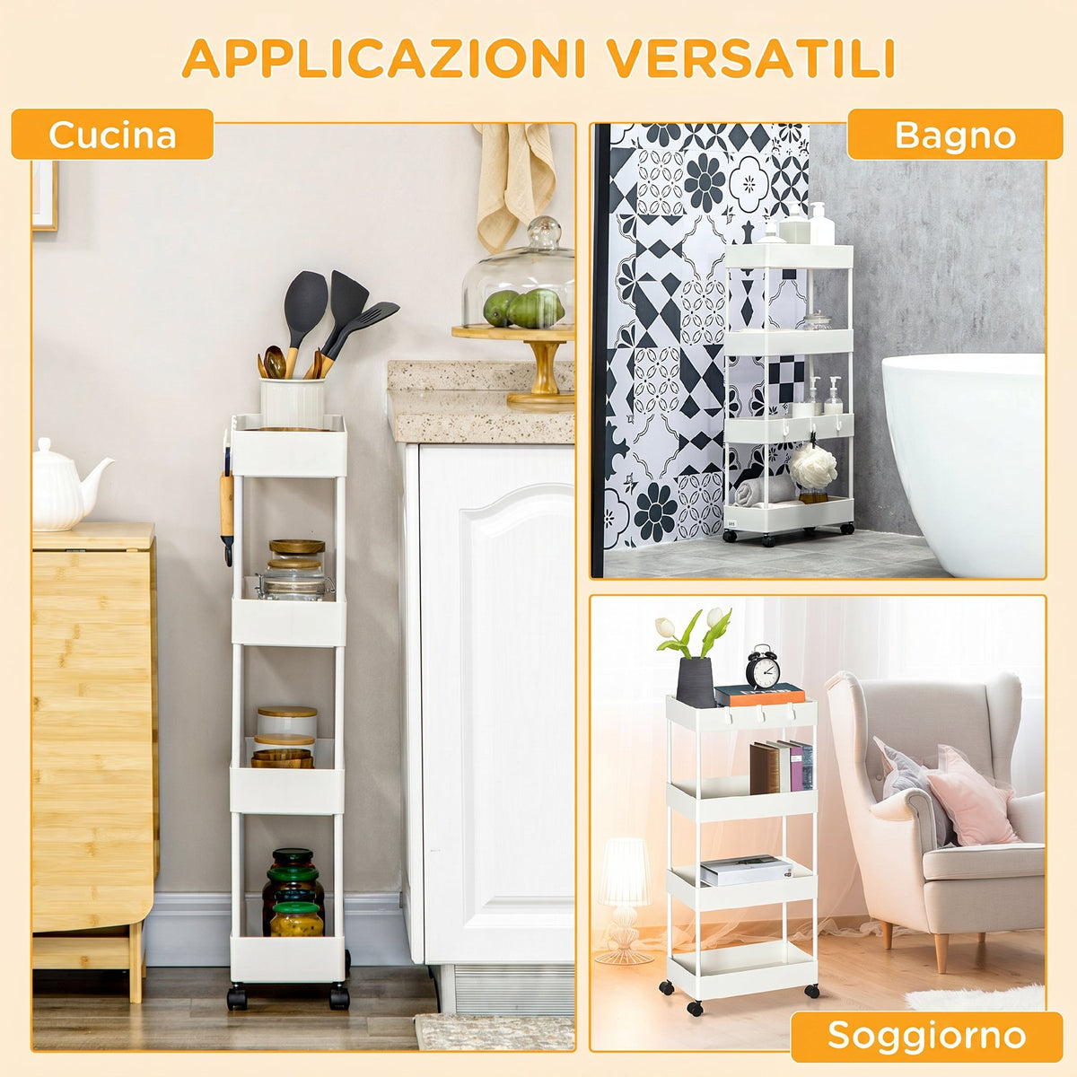 HOMCOM 4-Tier Kitchen Cart with Hooks, Steel and Plastic on Swivel Wheels for Living Room, Office and Laundry Room, 40x19x90 cm, White