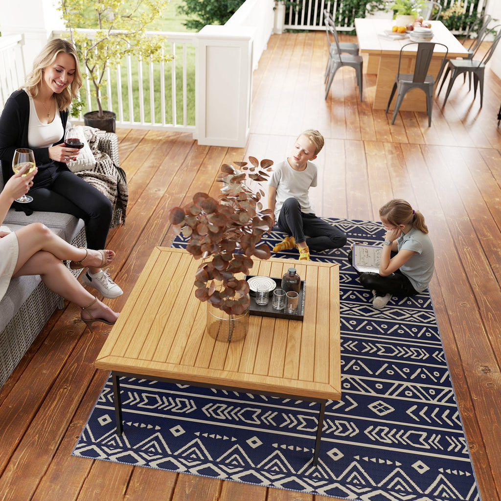 Reversible Geometric Style Outdoor Rug with Carry Bag, 182x274 cm, Blue and White