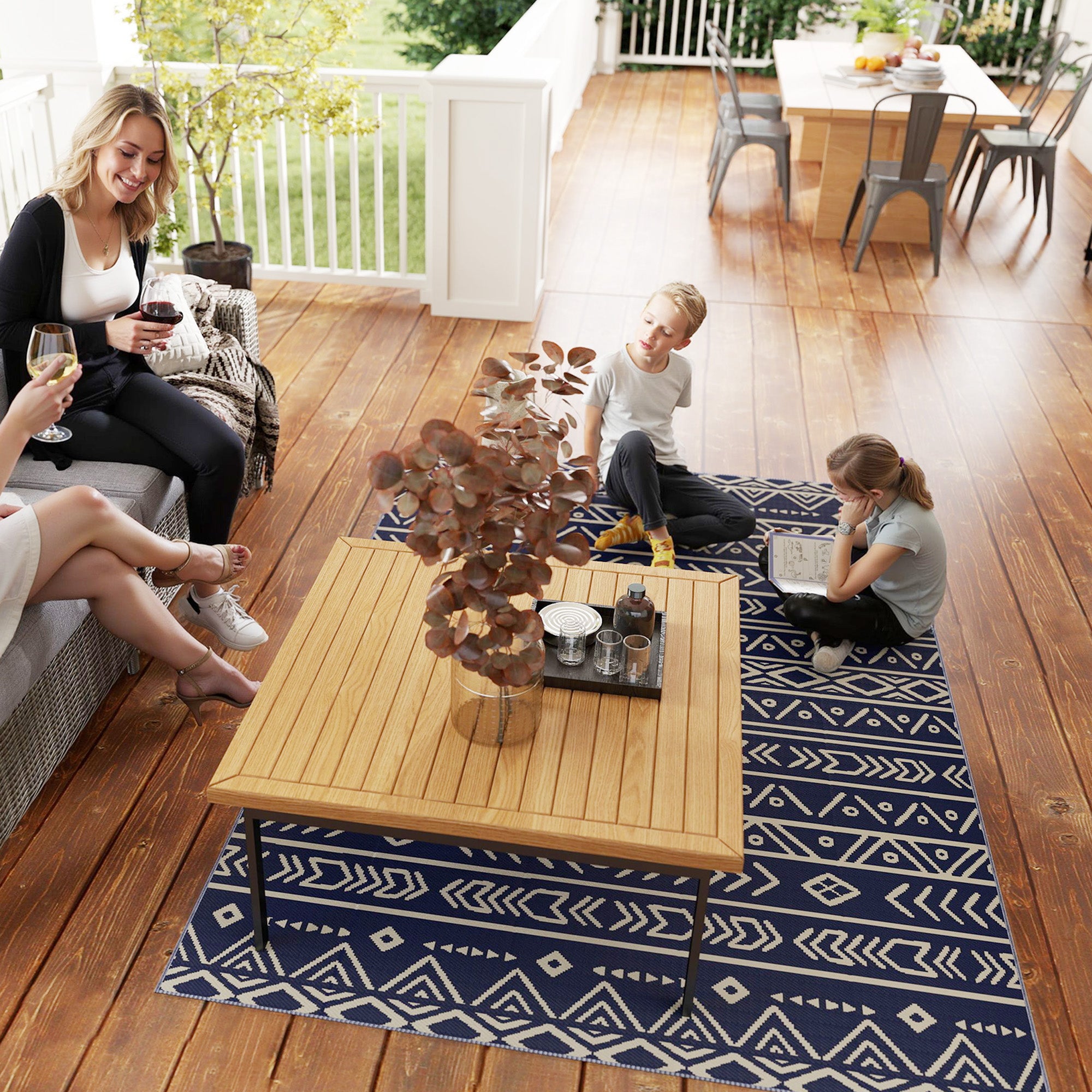 Reversible Geometric Style Outdoor Rug with Carry Bag, 182x274 cm, Blue and White