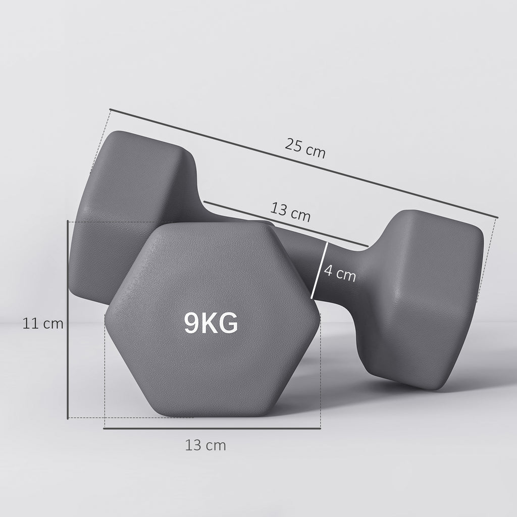 SPORTNOW Set of 2 9kg Hexagonal Dumbbells in Metal and Plastic with Non-Slip Grip, 25x11x11cm, Gray