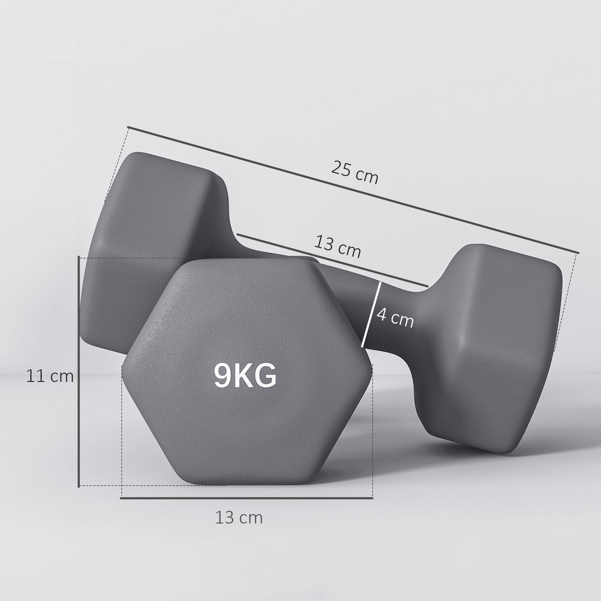 SPORTNOW Set of 2 9kg Hexagonal Dumbbells in Metal and Plastic with Non-Slip Grip, 25x11x11cm, Gray