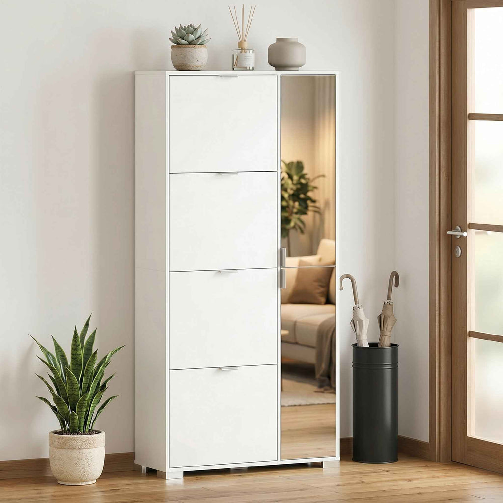 HOMCOM Shoe Rack with Mirror, 4 Drawers with Flap, Entrance Shoe Cabinet, White
