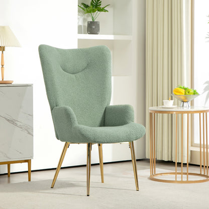 High Back Living Room Chair in Steel and Sherpa Effect Fabric, 73x68x111 cm, Green and Gold