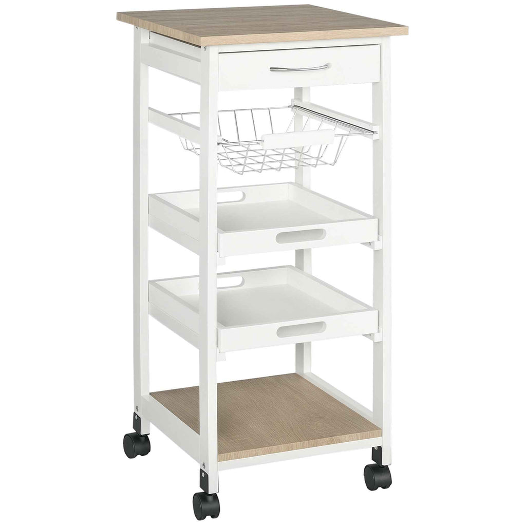 HOMCOM Space-Saving Kitchen Cart in Pine Wood and MDF, Storage Trolley with Drawer, Basket, 2 Trays and 4 Universal Wheels, 37x37x82cm, White