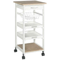 HOMCOM Space-Saving Kitchen Cart in Pine Wood and MDF, Storage Trolley with Drawer, Basket, 2 Trays and 4 Universal Wheels, 37x37x82cm, White