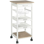 HOMCOM Space-Saving Kitchen Cart in Pine Wood and MDF, Storage Trolley with Drawer, Basket, 2 Trays and 4 Universal Wheels, 37x37x82cm, White