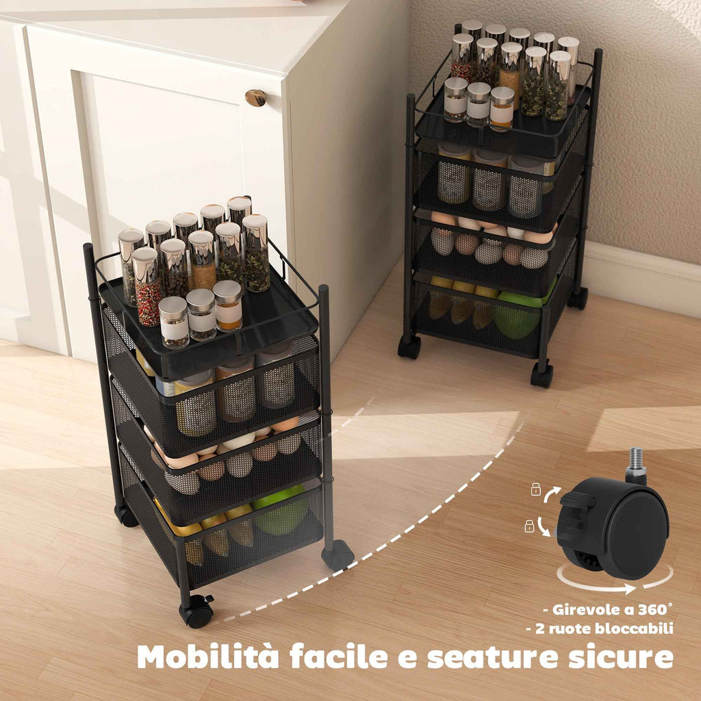 HOMCOM 3-Tier Kitchen Cart with Rotating Metal Baskets, Wheels and Brake, 27.5 x 27.5 x 62 cm, Black