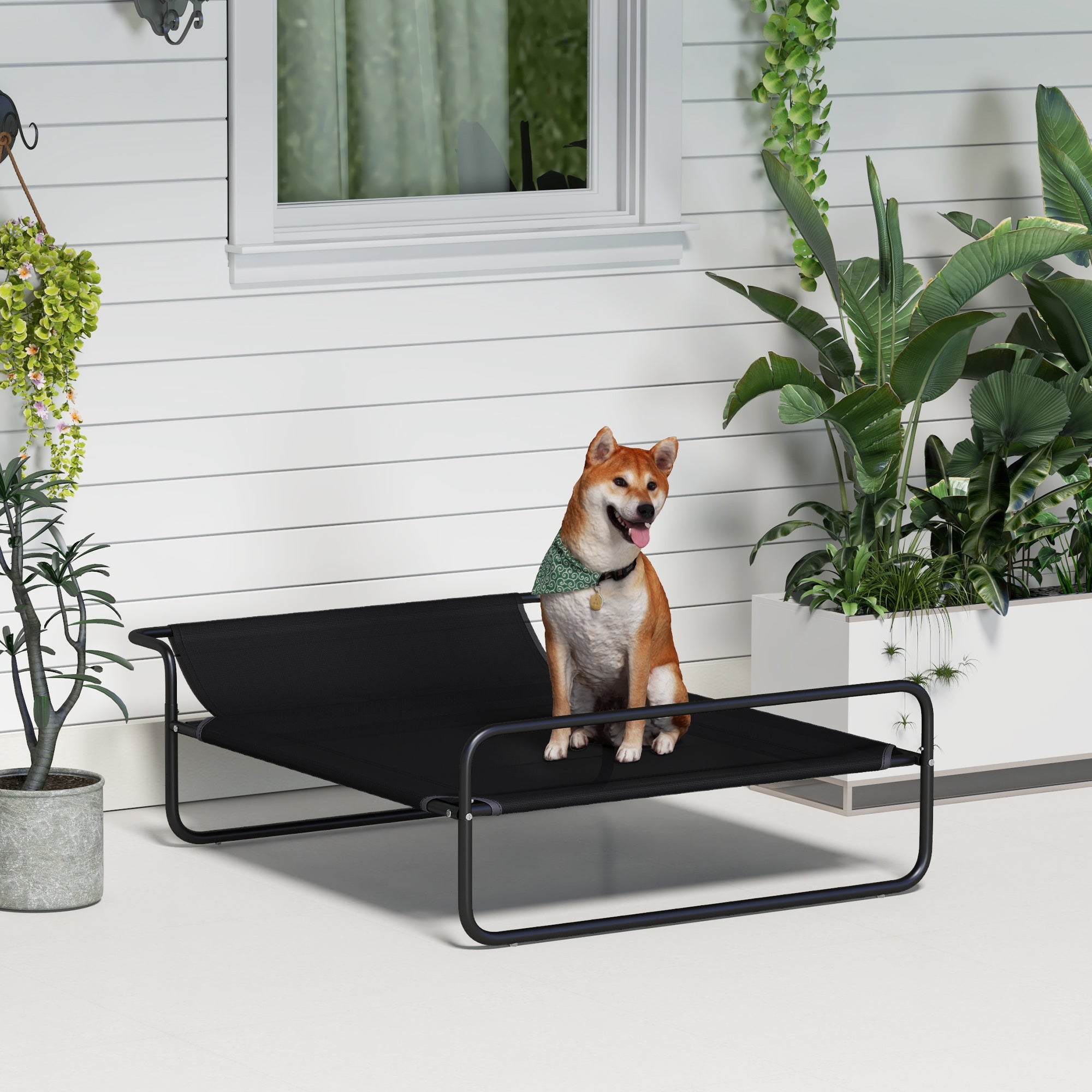 PawHut Raised Dog Bed with Indoor and Outdoor Headrest, 106x81x33 cm, Black