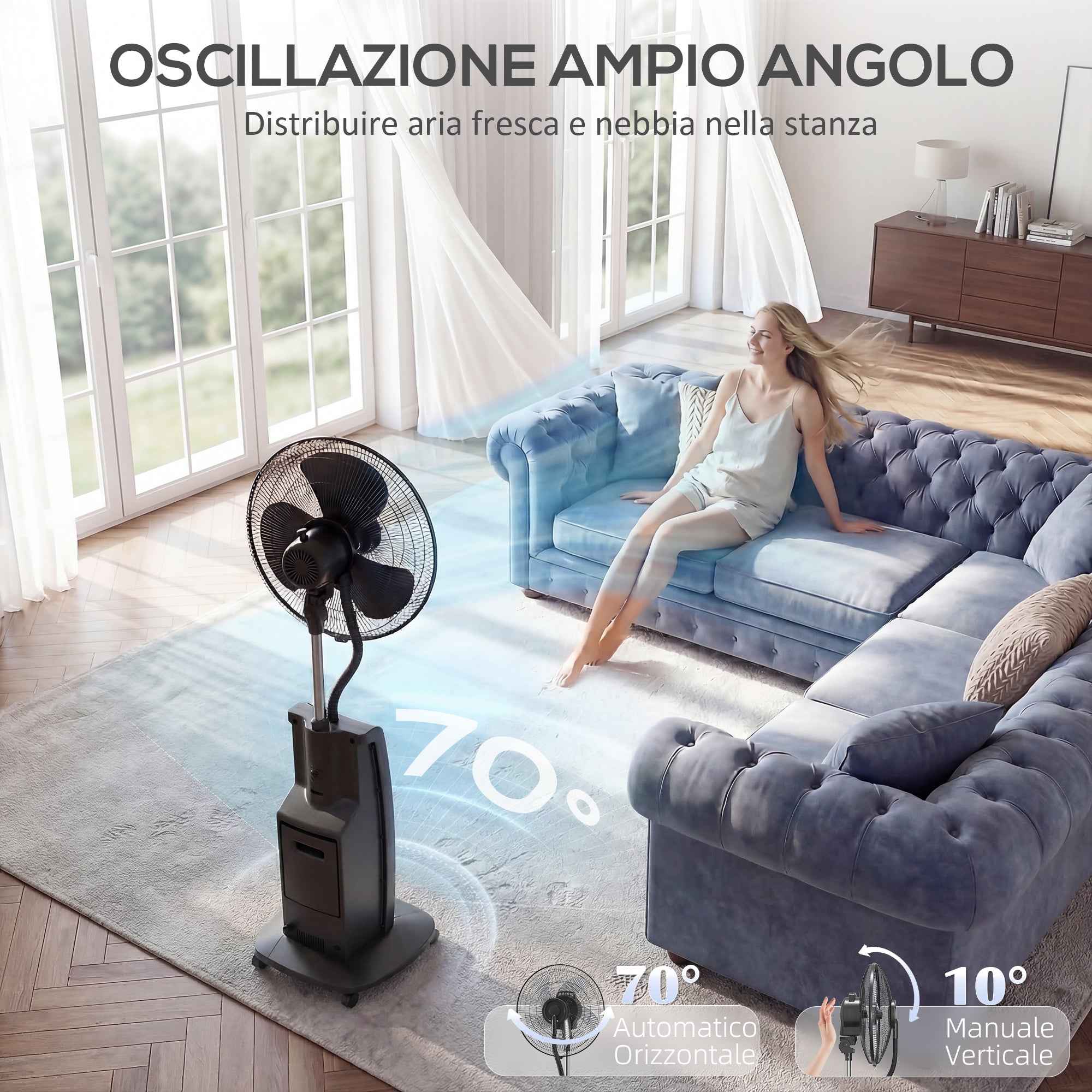 Misting Fan with 3.1L Tank, 3 Modes and 3 Speeds, Wheels, 70° Oscillation, 10° Tilt, 12h Timer, 90W