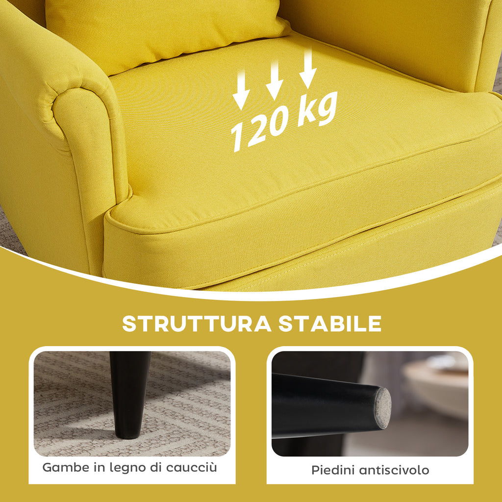 Contemporary Style Armchair with Footstool, in Linen Effect Fabric and Rubber Wood, 75x83x104 cm, Yellow