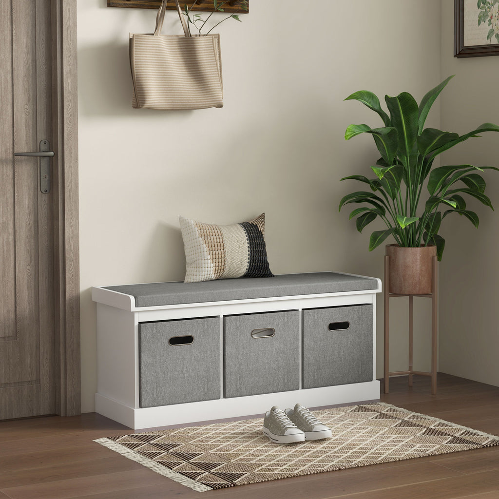 Wooden Shoe Bench with 3 Drawers and Fabric Seat for 3 Pairs of Shoes, 105x35x47 cm, White