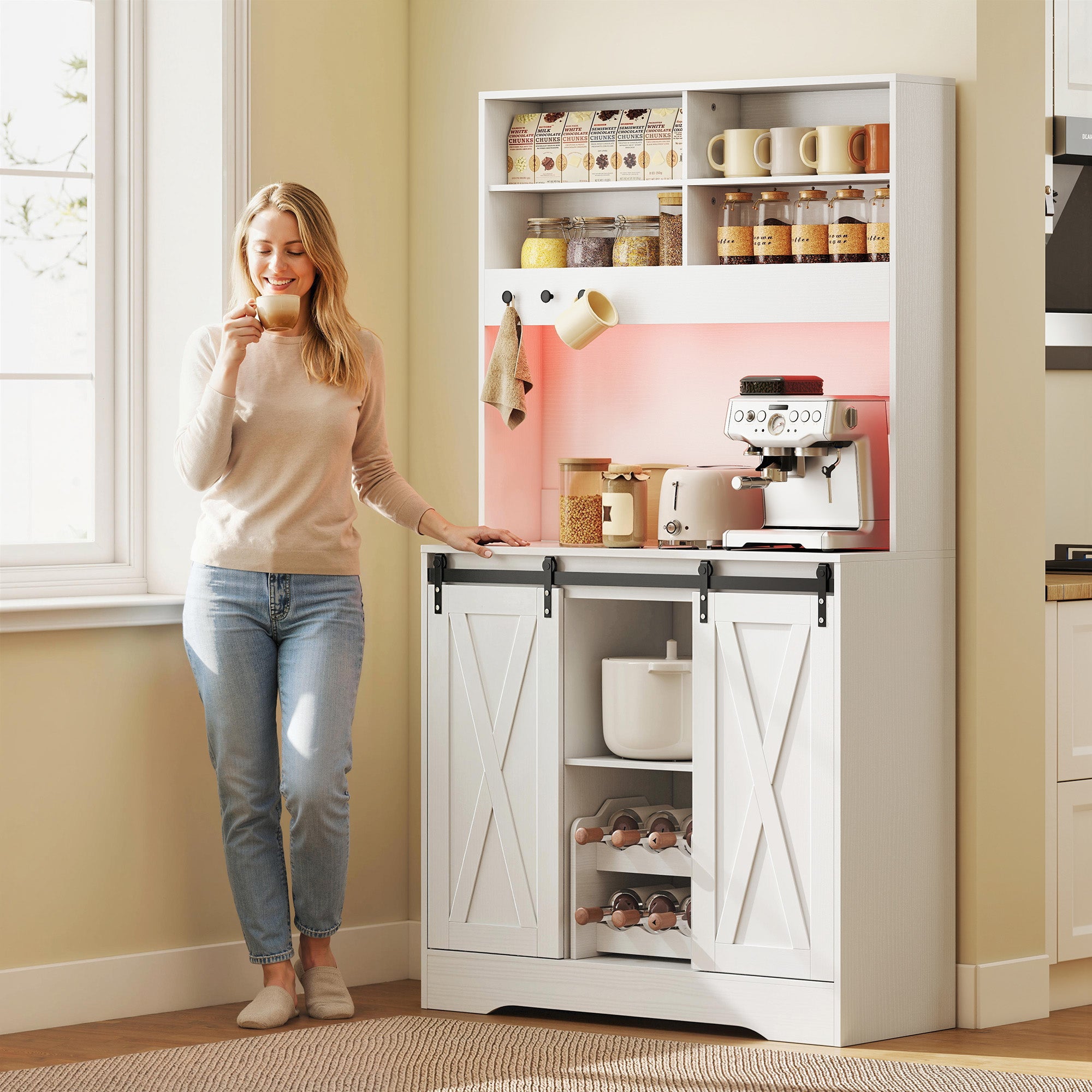 Kitchen Sideboard with Power Sockets, LED Light, Bottle Rack and Sliding Doors, 100x38x180 cm, White