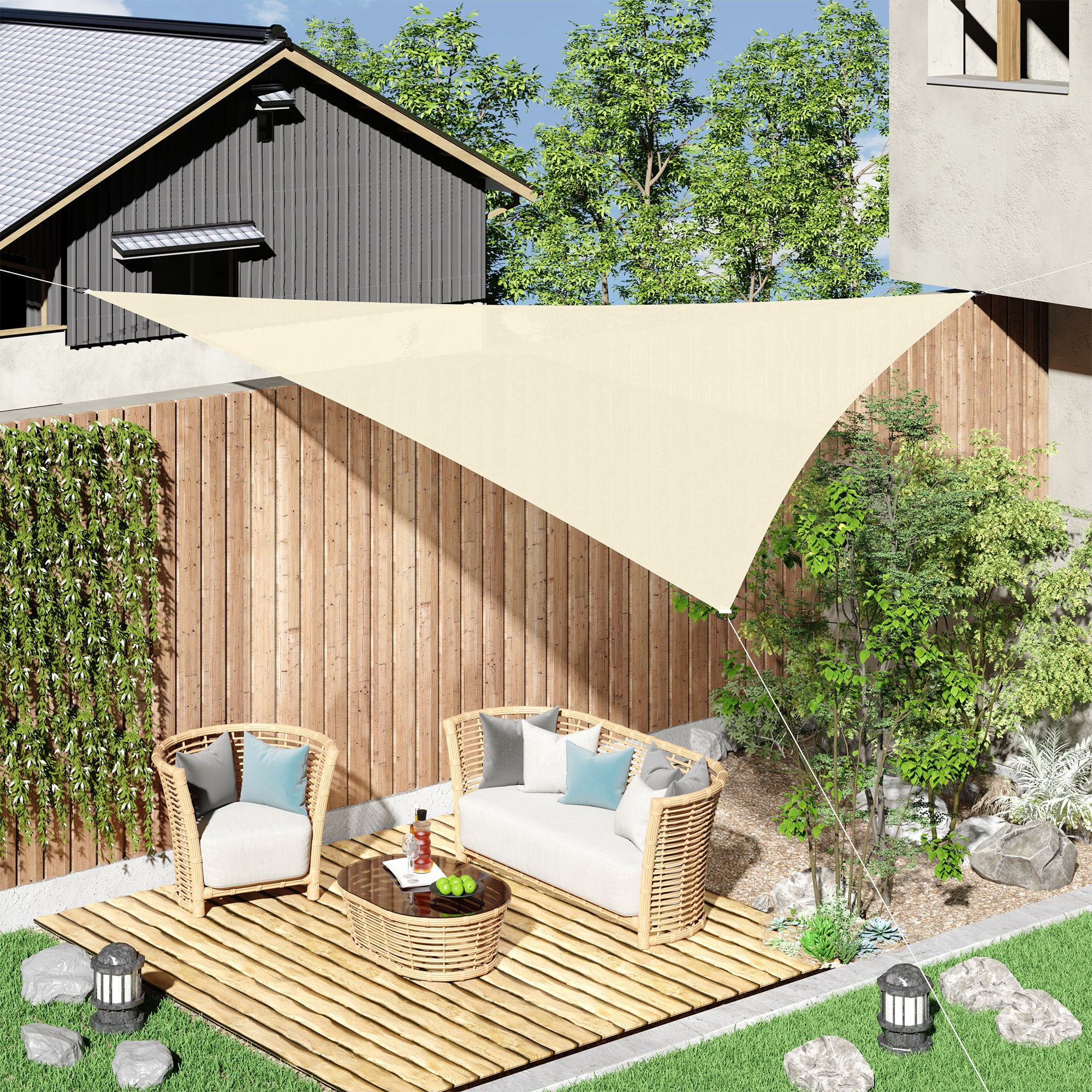 4x4x4m Triangular Sun Shade Awning in Beige Waterproof Anti-UV Fabric for Outdoors