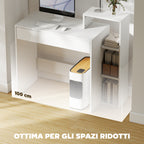 Modern PC Desk with 3 Open Shelves and Drawer, White Wood, 100x40x90 cm