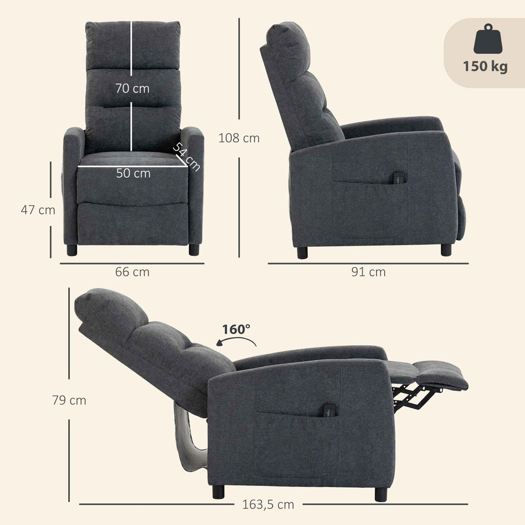 HOMCOM 160° Reclining Massage Chair with Footrest and Remote Control, 66x91x108 cm, Dark Grey Chenille