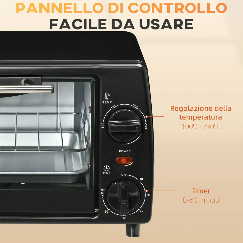 10L 750W Electric Oven with Adjustable Temperature and Timer, 36.5x26x22 cm, Black