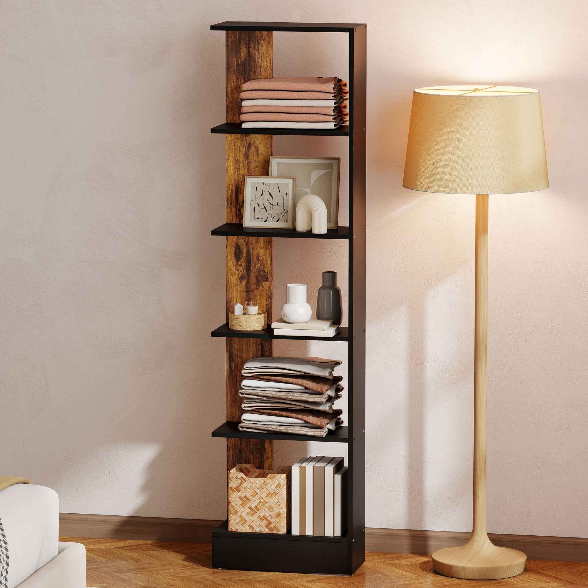 HOMCOM Modern Space-Saving 5-Tier Wooden Bookcase, 45 x 21 x 170 cm, Brown and Black