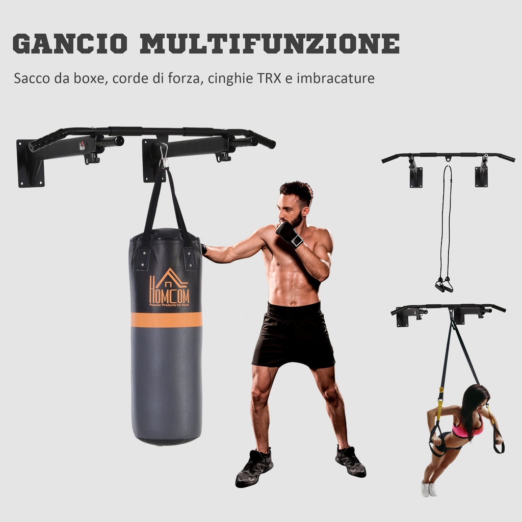 HOMCOM 2 in 1 Wall Pull-Up Bar with 3 Different Handles, Steel, 93.5x65x17 cm, Black - Borgè