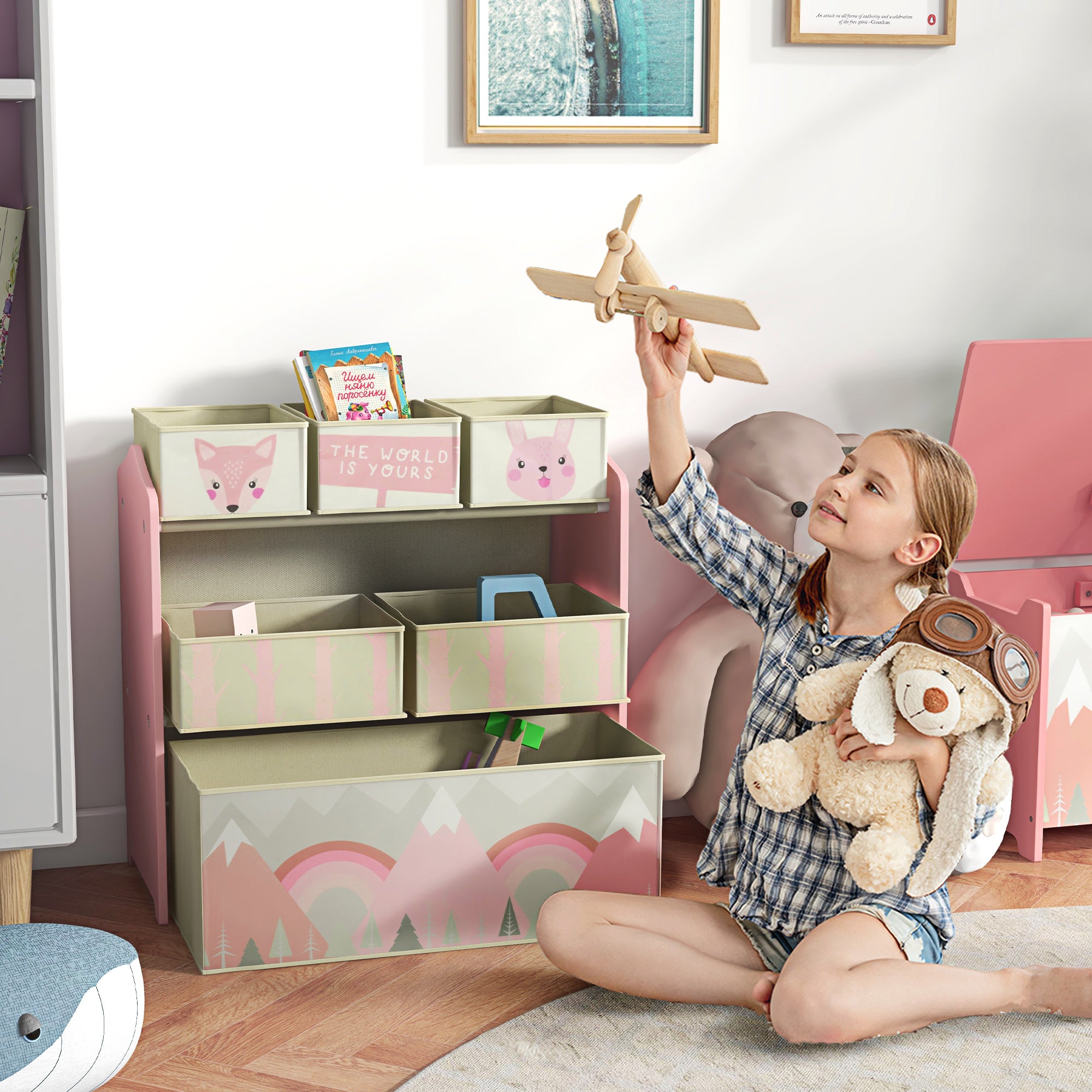 ZONEKIZ Children's Toy Shelf with 6 Removable Fabric Containers, 63x30x66cm, Pink - Borgè