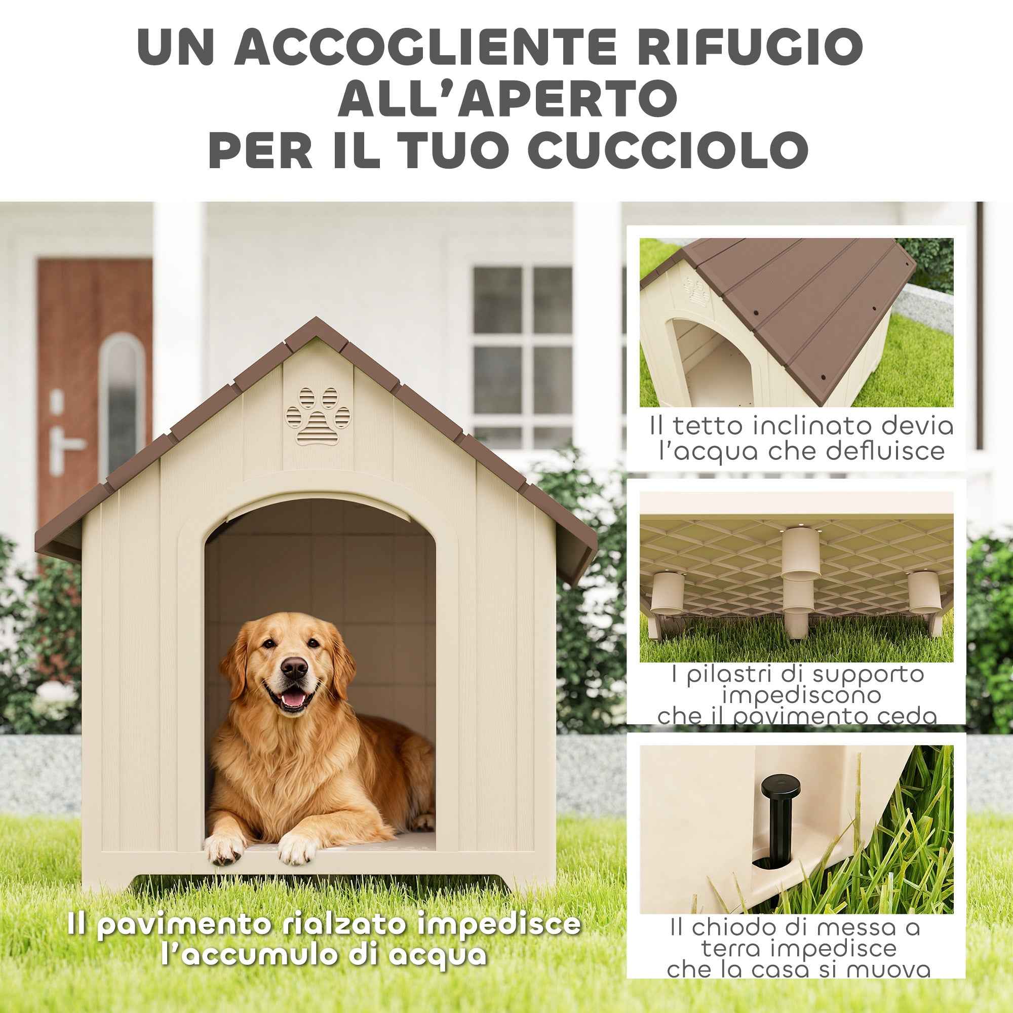 PawHut Raised Dog Kennel with Sloped Roof and Air Vents, PP, 88x78x89 cm, Beige and Dark Brown