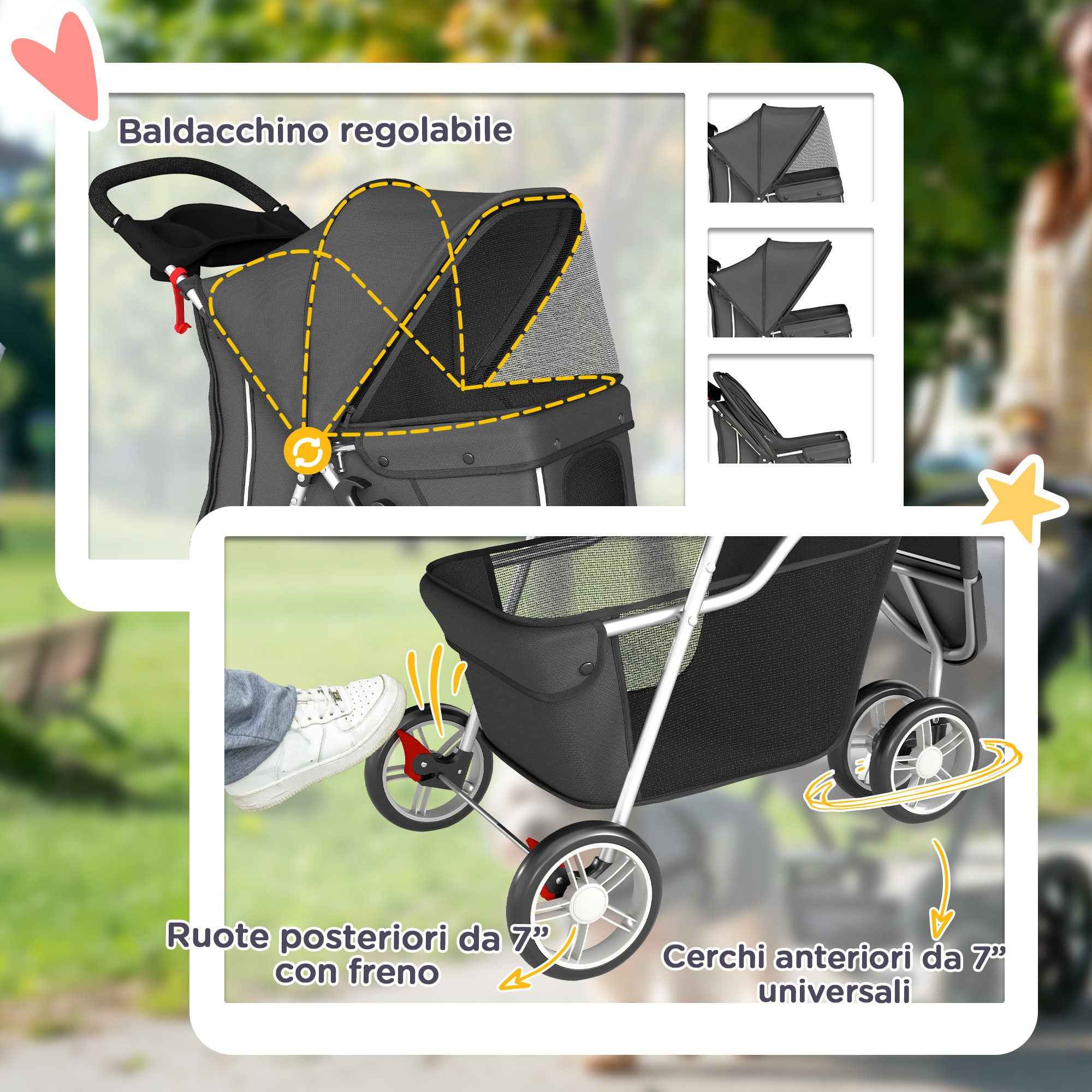 PawHut Folding Dog Stroller with Cup Holder and Basket, 77x44x102 cm, Charcoal Grey