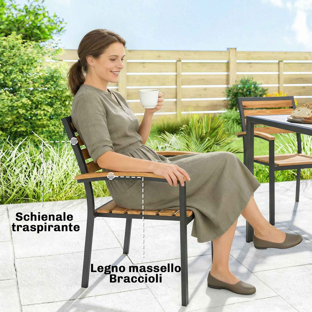 Outsunny Set of 2 Stackable Outdoor Chairs in Wood and Steel, Natural Wood Color