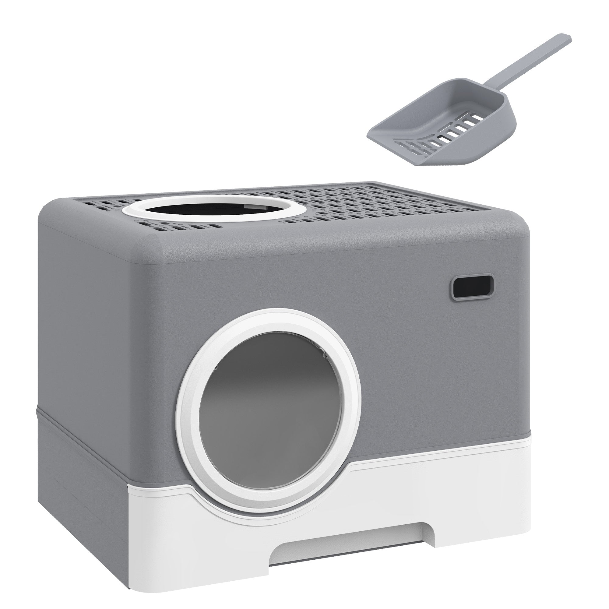 Cat Litter Box with Lid and Scoop, Double Entrance and Removable Tray, 52x41x38.5 cm, Grey