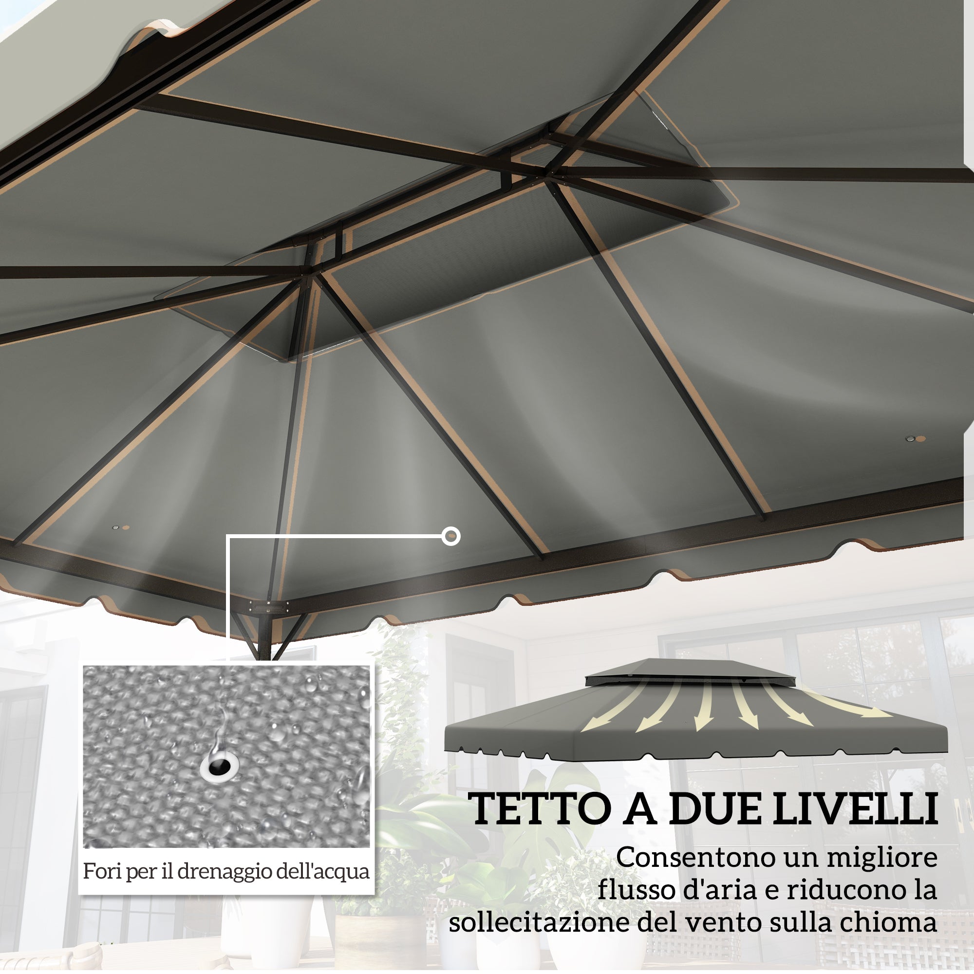 Outsunny 3x4m 2-Tier Gazebo Roof with 8 Drainage Holes in Light Grey Polyester