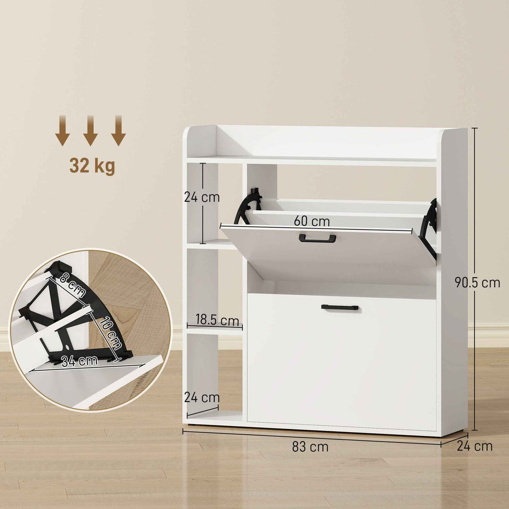 HOMCOM Slim Shoe Rack with 2 Tilting Drawers and 3 Open Compartments, Capacity 15 Shoes, 83x24x90.5 cm, White