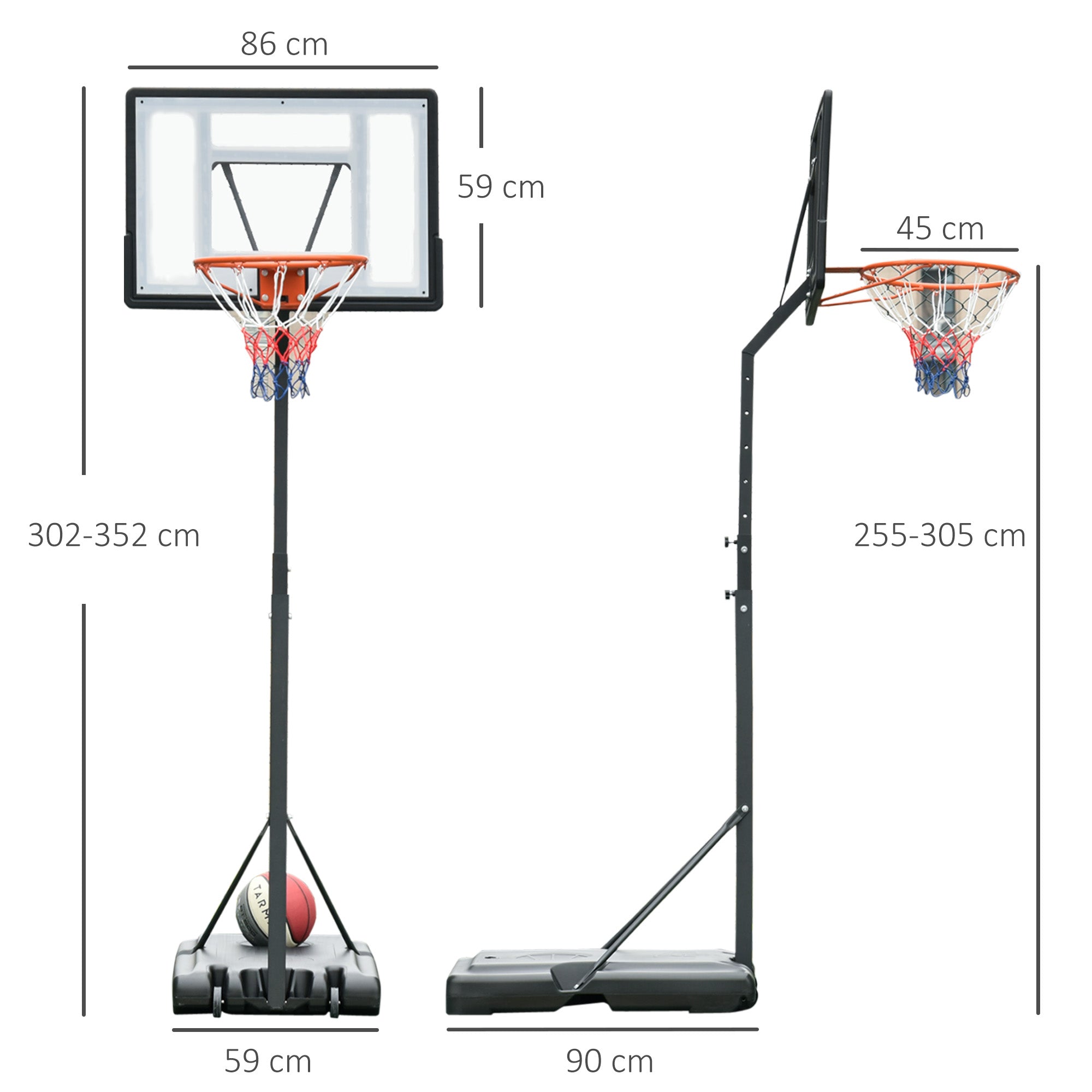 Basketball Hoop for Adults with Adjustable Height (302-352cm), Steel Frame, PE and PVC, Black