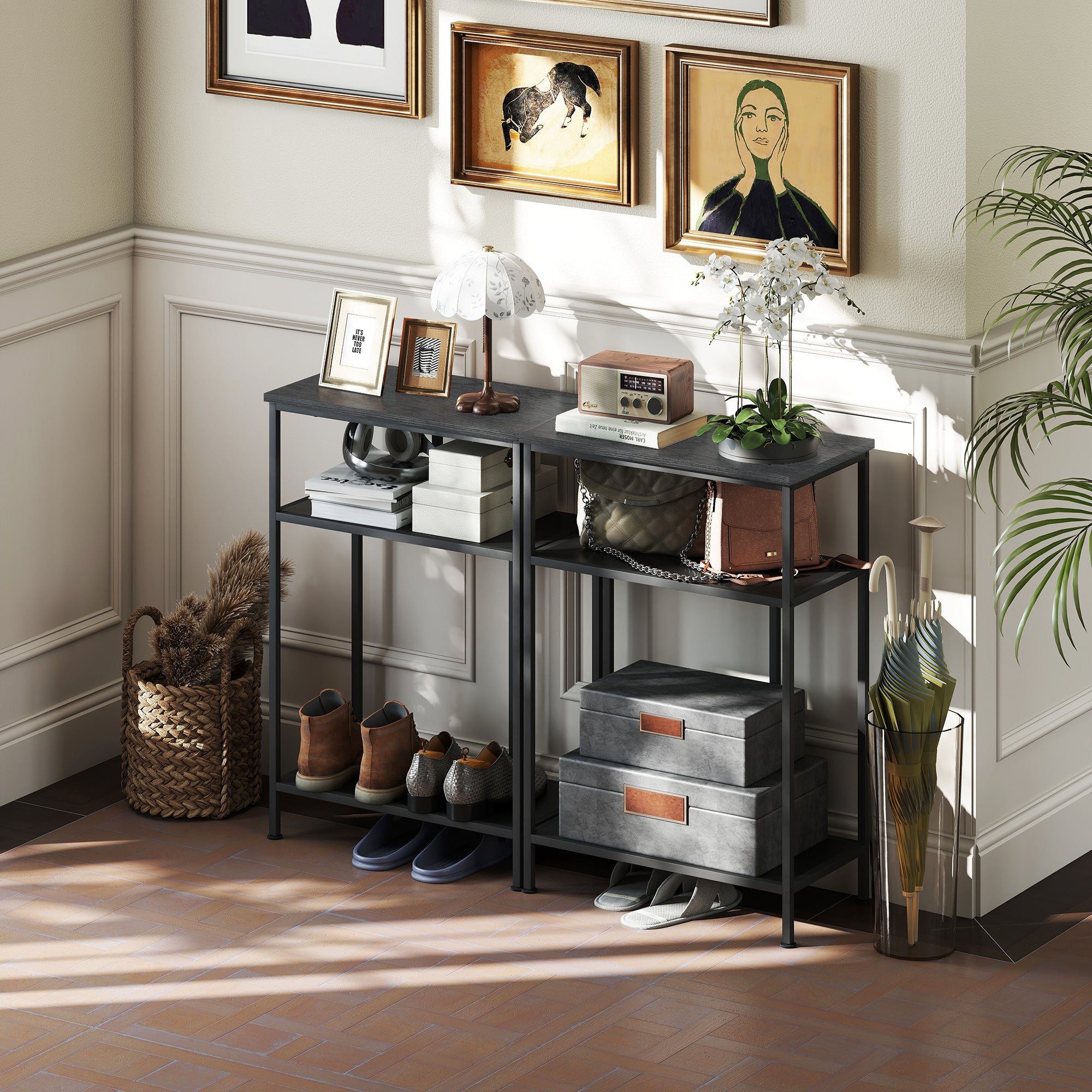 3-Tier Console Table with Metal and Wood Frame, 55x30x81 cm, Black