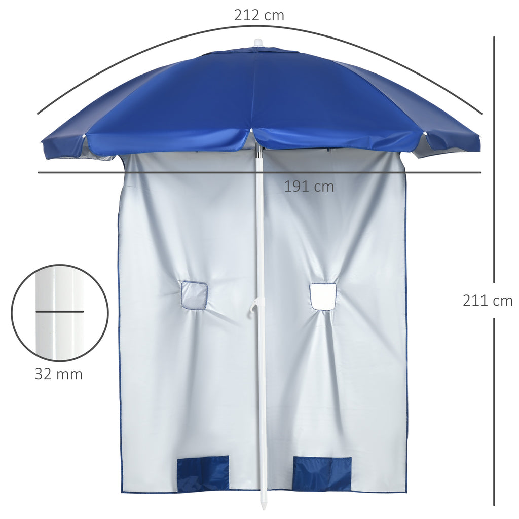 Tilting Beach Umbrella with Side Curtains, in Polyester and Steel, Ø191x211 cm, Blue and White