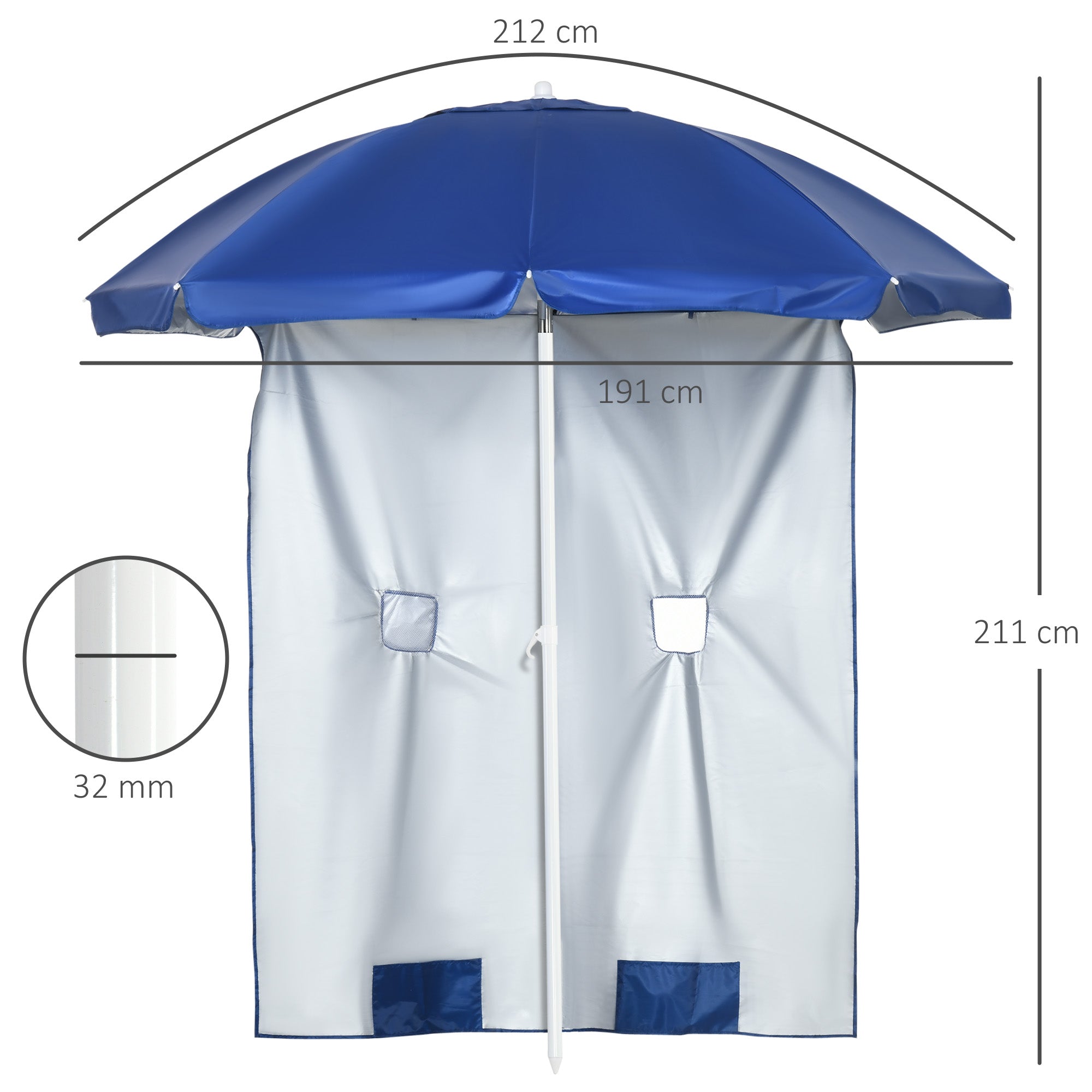 Tilting Beach Umbrella with Side Curtains, in Polyester and Steel, Ø191x211 cm, Blue and White