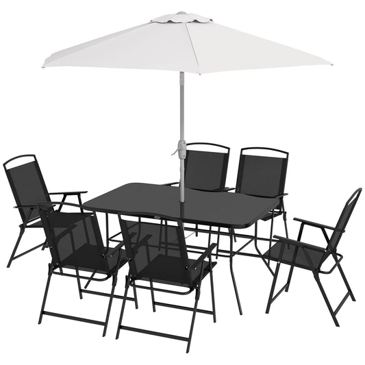 Outsunny Garden Set with Dining Table, 6 Folding Chairs and Crank Umbrella, Gray and Black - Borgè