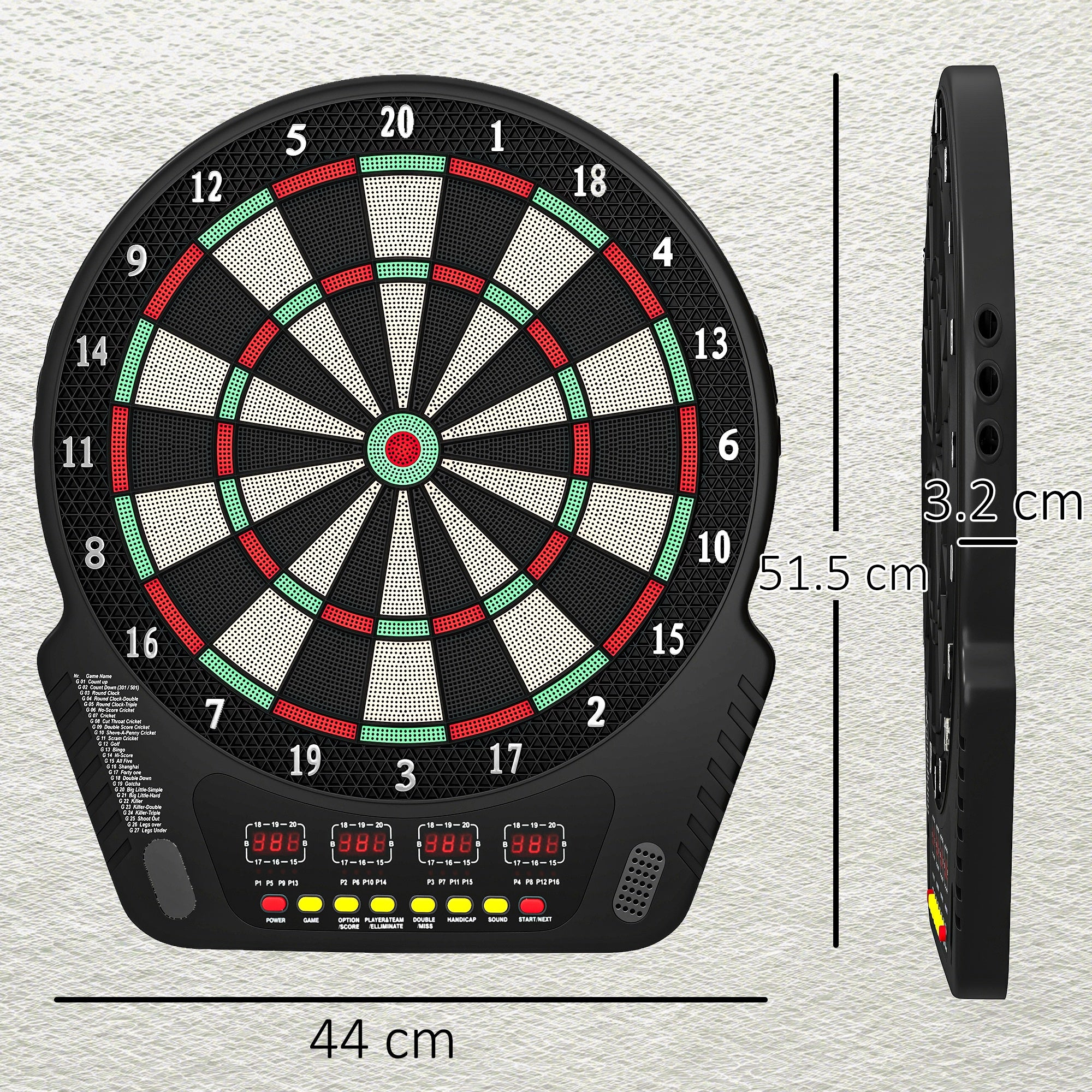 HOMCOM Dartboard with 6 Darts, Power Supply, 4 LED Displays and 27 Games, Made of ABS and PP, 44x51.5x3.2 cm, Black