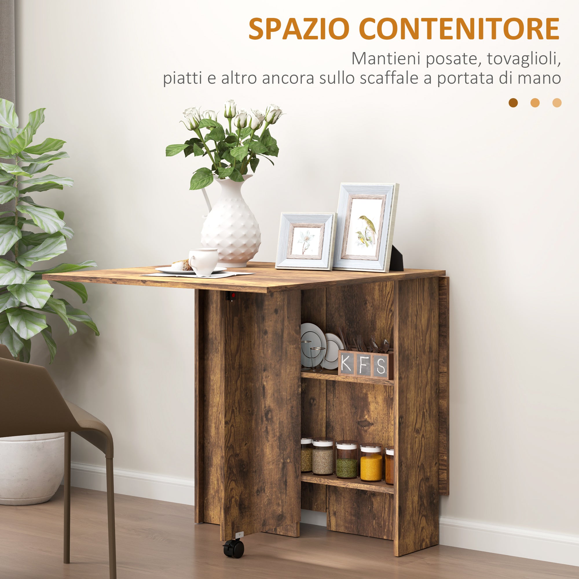 HOMCOM Folding Drop-Leaf Dining Table for 6 People with 2 Open Shelves and Lockable Castors, Brown