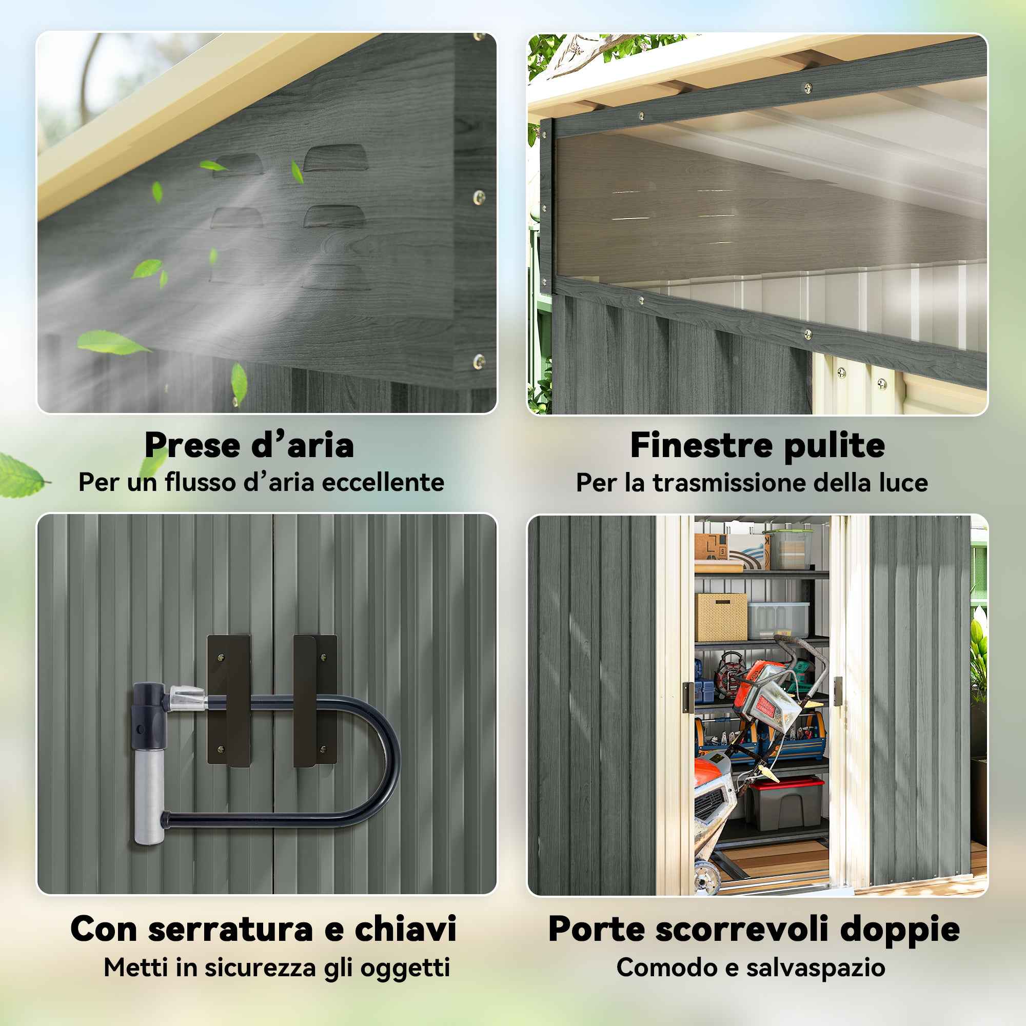 Outsunny Garden Shed with Sliding Doors and Steel Flooring, 195x122x181.5 cm, Light Grey