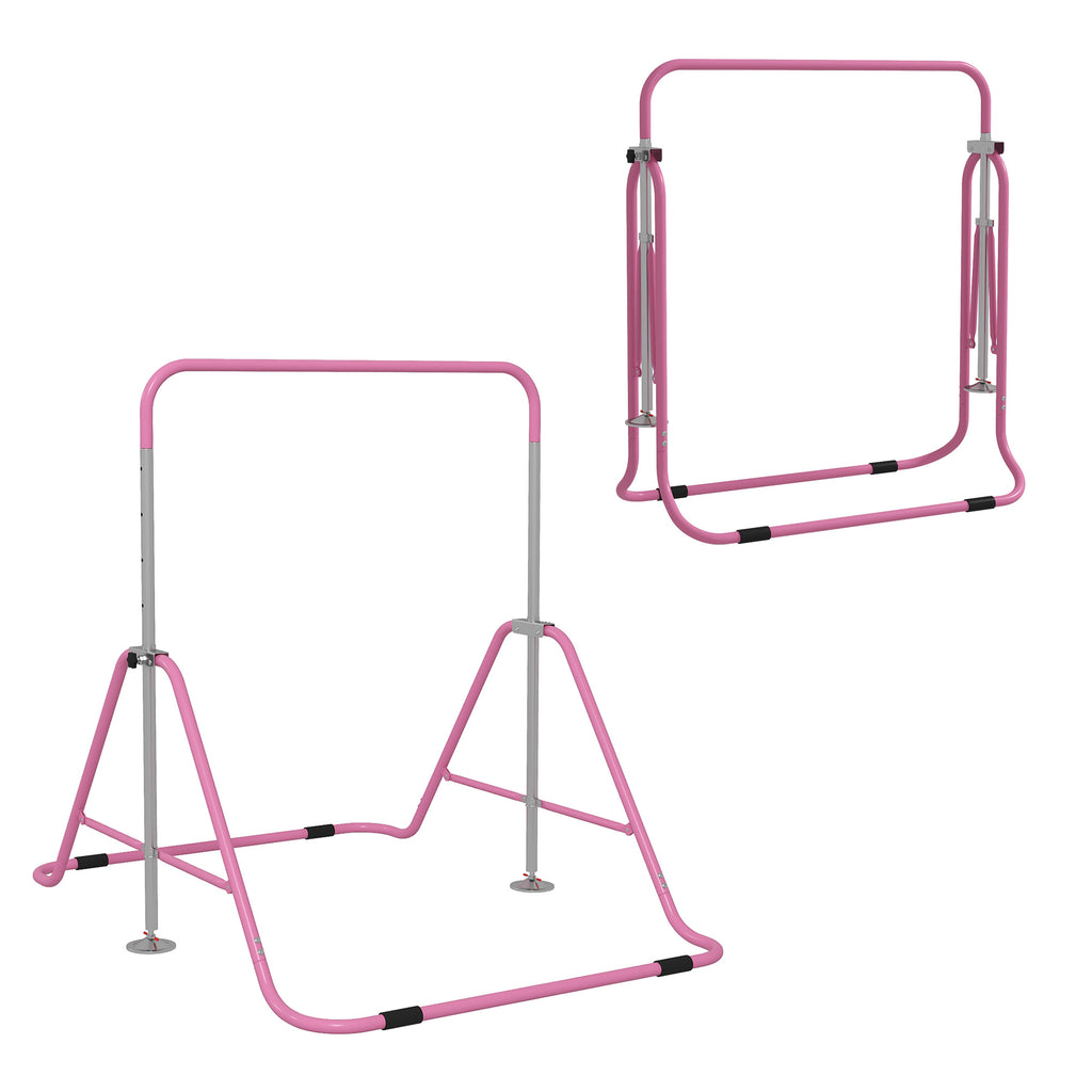 Folding Pull Up Bar for Children 3-8 Years with Adjustable Heights in Steel, 154x106.2x88.5-128.5cm, Pink