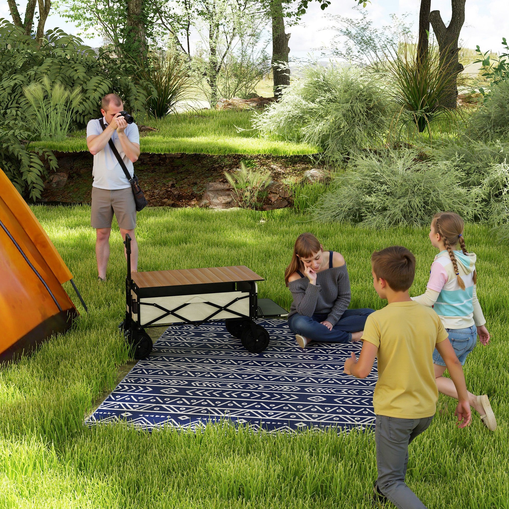 Reversible Geometric Style Outdoor Rug with Carry Bag, 182x274 cm, Blue and White