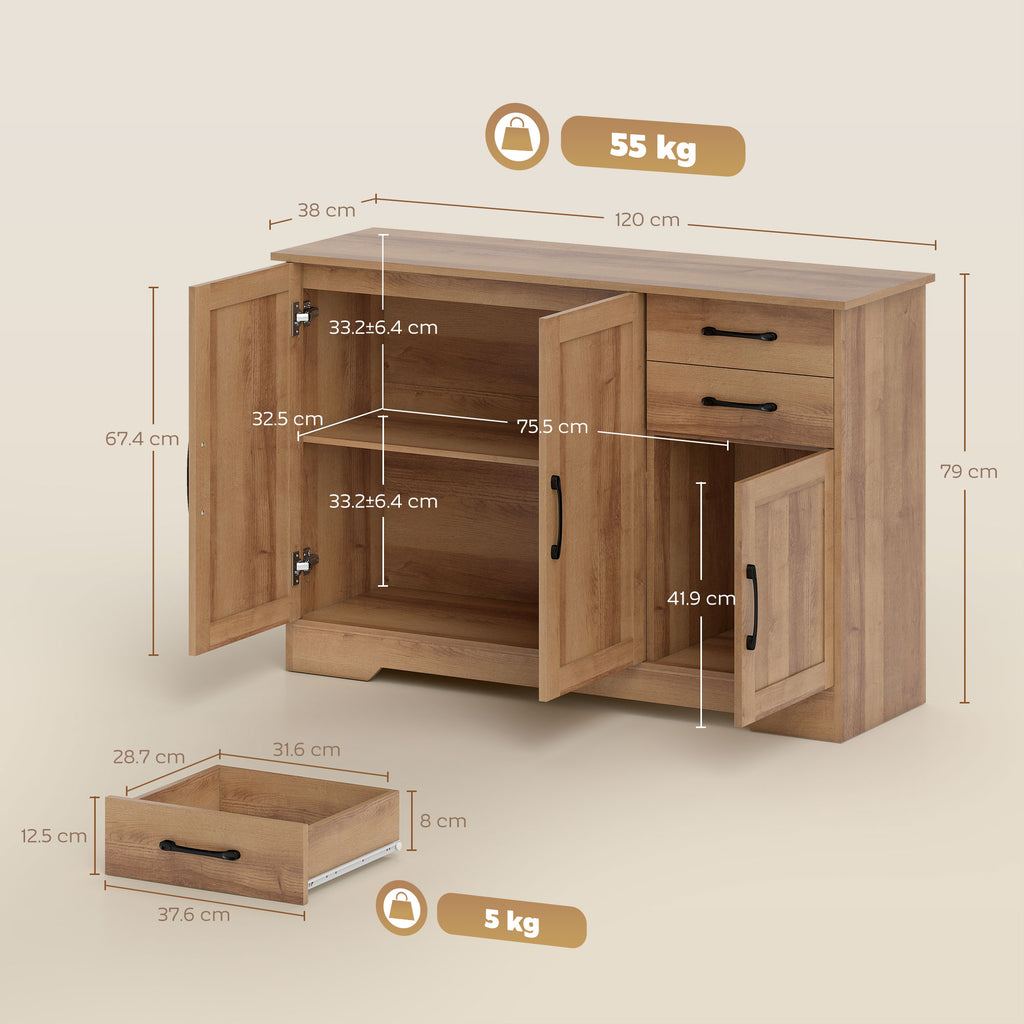 Kitchen Cabinet with 2 Drawers and 3 Cabinets, Adjustable Shelves, 120x38x79 cm, Oak