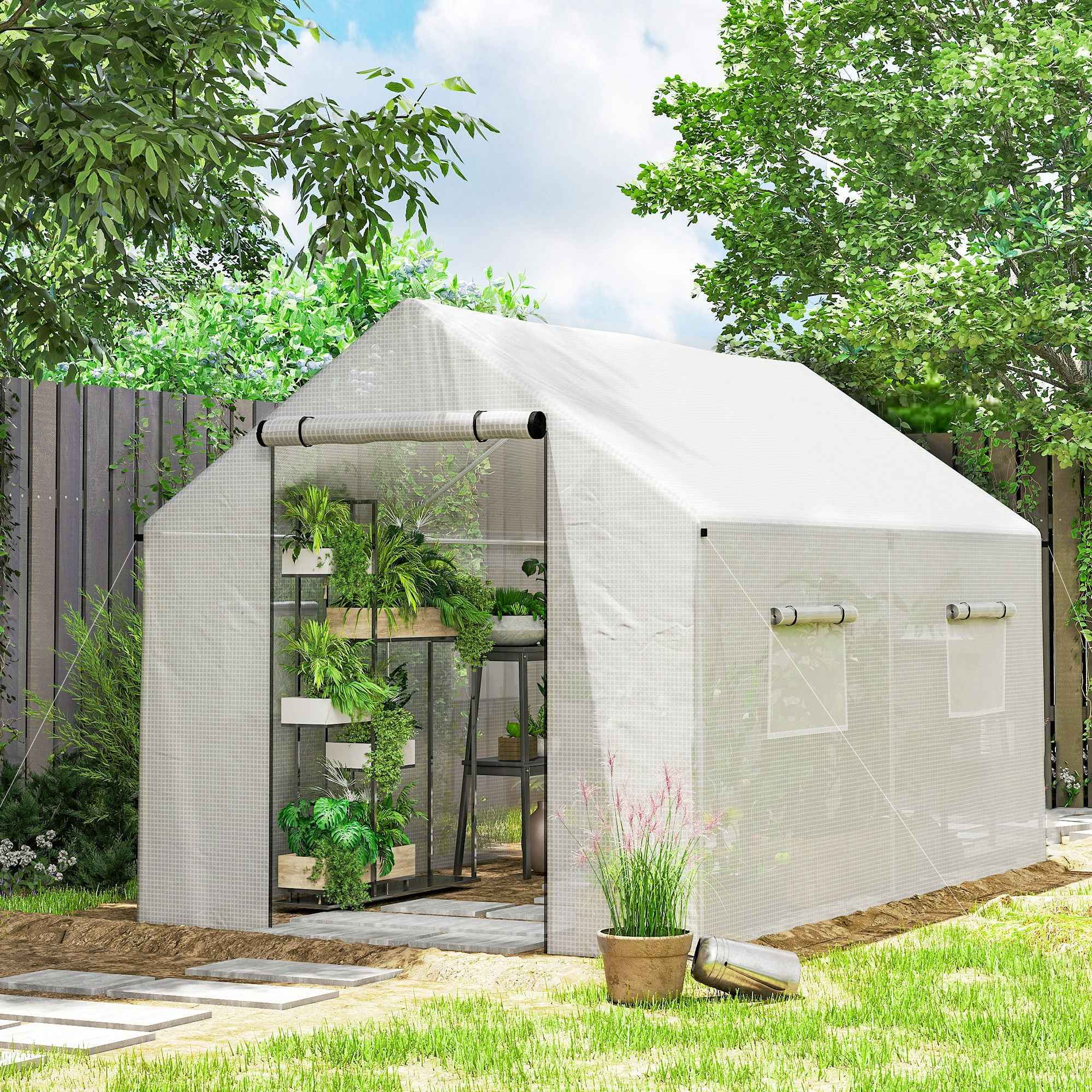 Outsunny 2x3x2 m Tunnel Greenhouse with Roller Doors and Windows and Pointed Roof, in Steel and PE, White