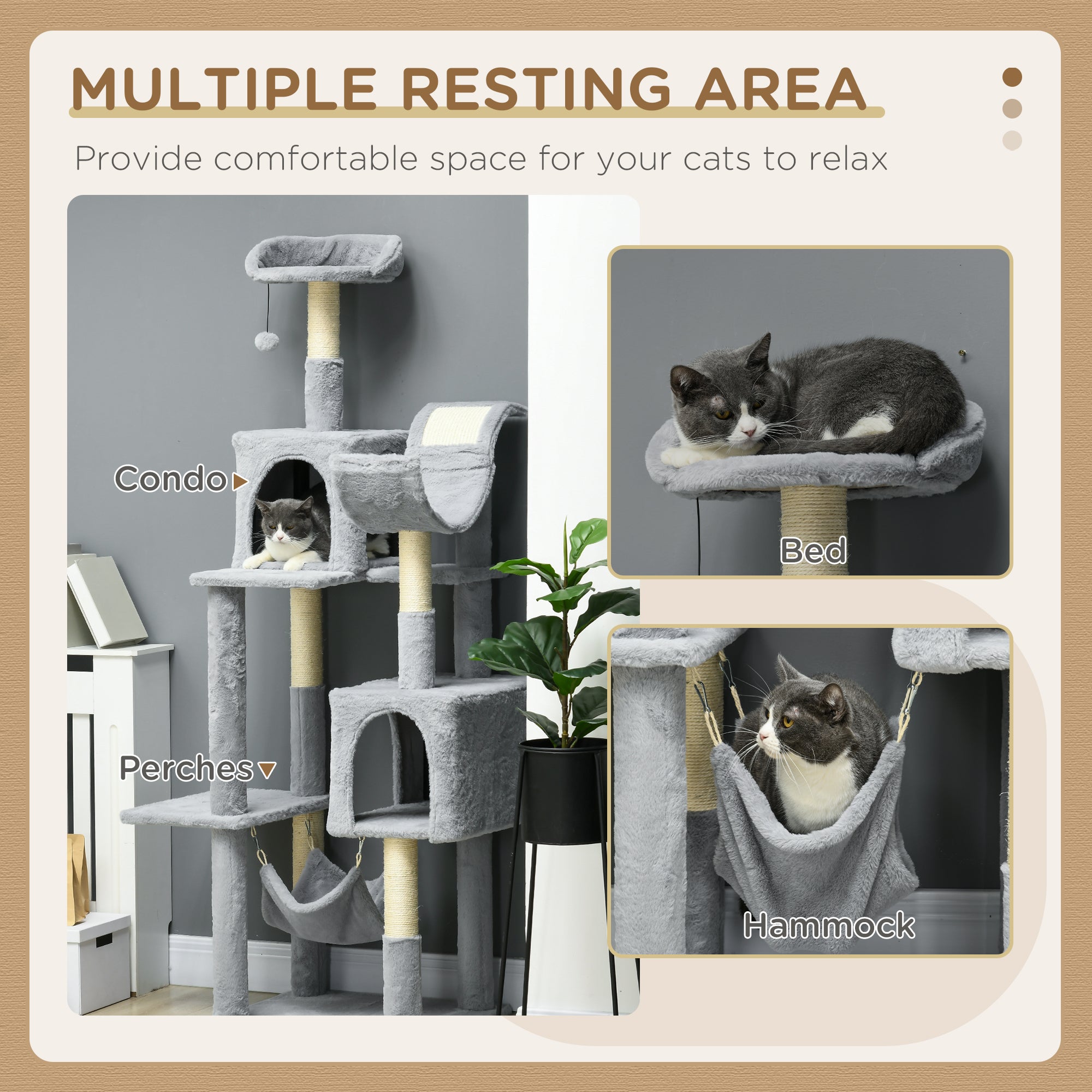 Pawhut for cats with hammocks, cot and 2 houses, in chipboard and plush, 55x49x177 cm, gray and white - Borgè
