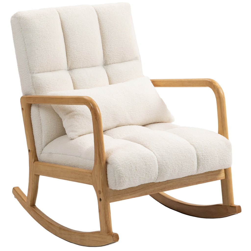 90°-130° Rocking Chair with Lumbar Cushion, Sherpa Fabric Upholstery, 64.5x82x89 cm, White and Wood Color