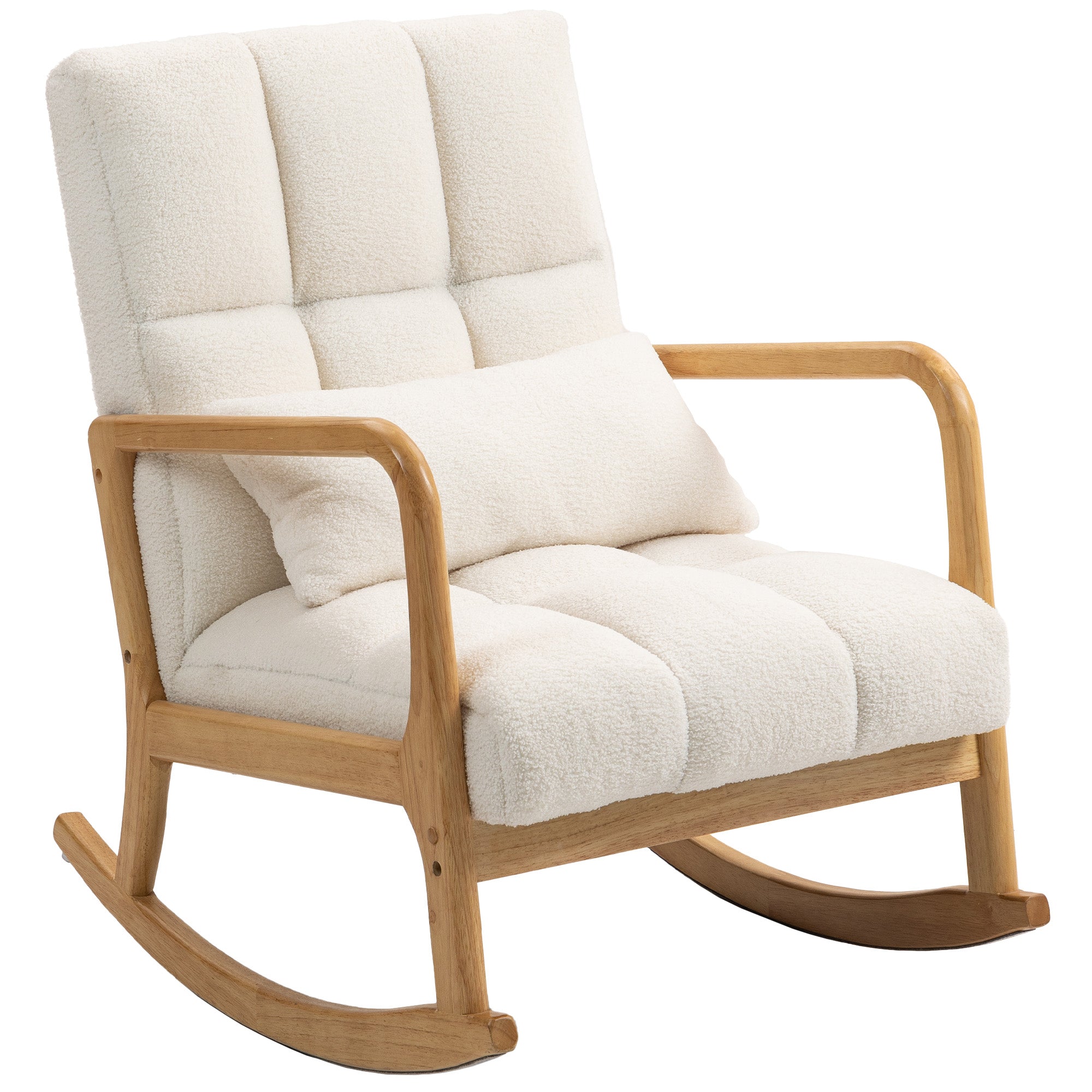 90°-130° Rocking Chair with Lumbar Cushion, Sherpa Fabric Upholstery, 64.5x82x89 cm, White and Wood Color