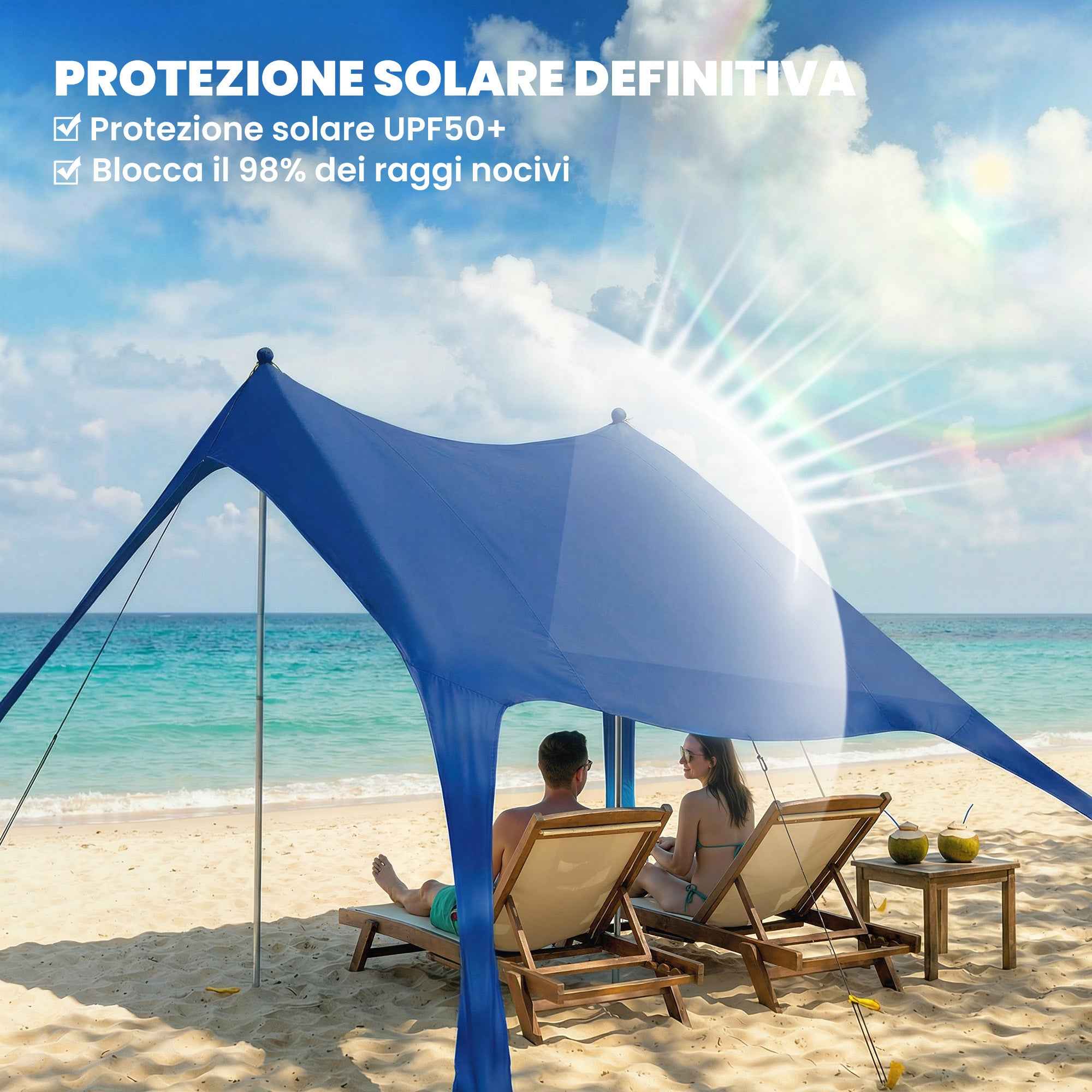 Outsunny UV 50+ Beach Tent for 2-4 People with Mat and Shovel, in Lycra and Aluminum, 200x208x200 cm, Blue