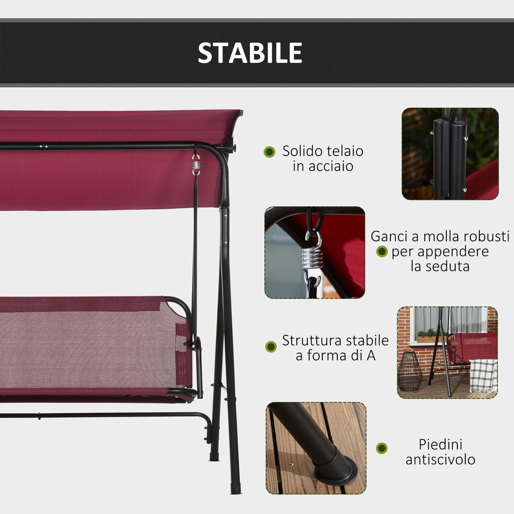 3-seater garden swing in steel with polyester sunshade roof, 172x110x153 cm, red and black