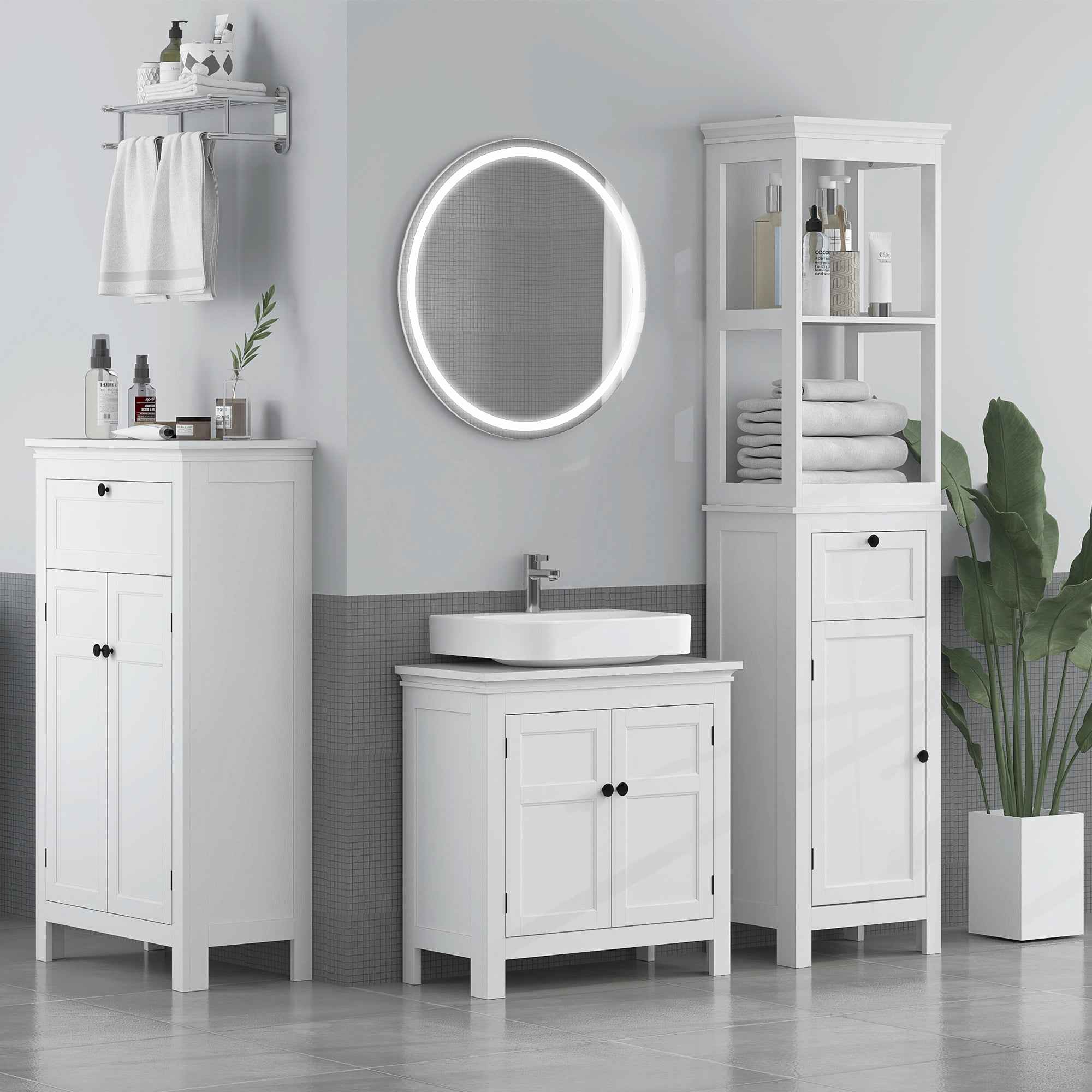 Bathroom Cabinet with 2 Doors and Drawer, Space-Saving Bathroom Cabinet with Adjustable Shelves, 60x30x102.5 cm, White