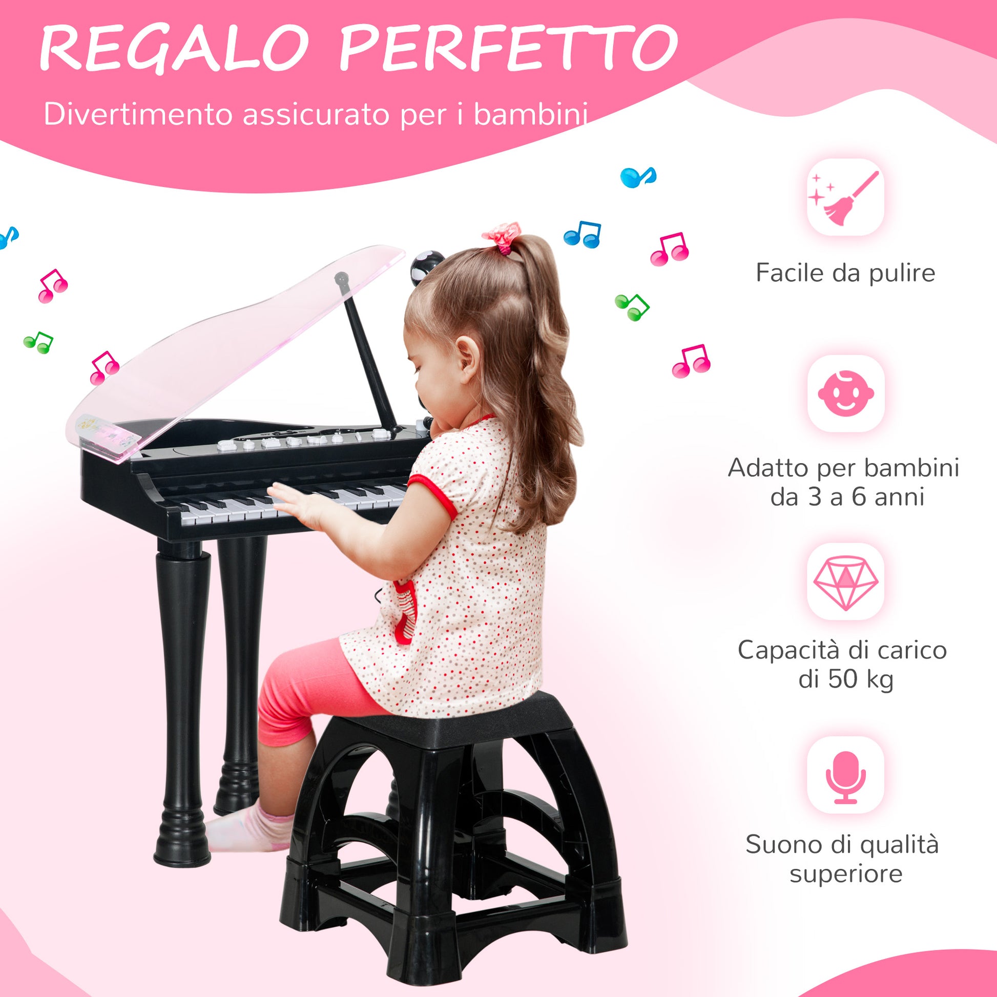 AIYAPLAY 32-Key Children's Piano with Stool, Microphone, Music, Lights and Removable Legs, Black - Borgè