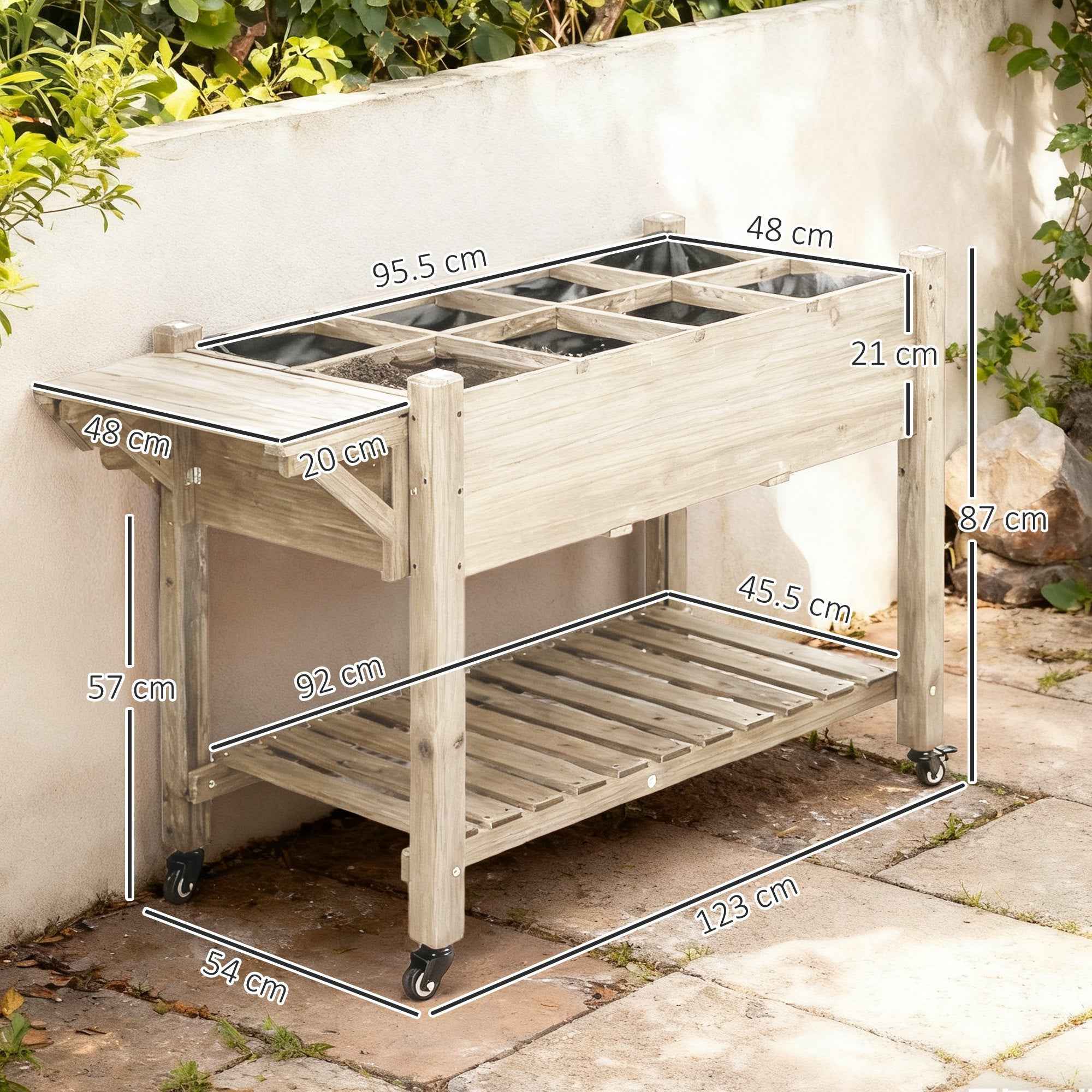 Outsunny 8-Section Outdoor Planter with Side Shelf and Fir Wood Shelf, 123x54x87 cm, Wood