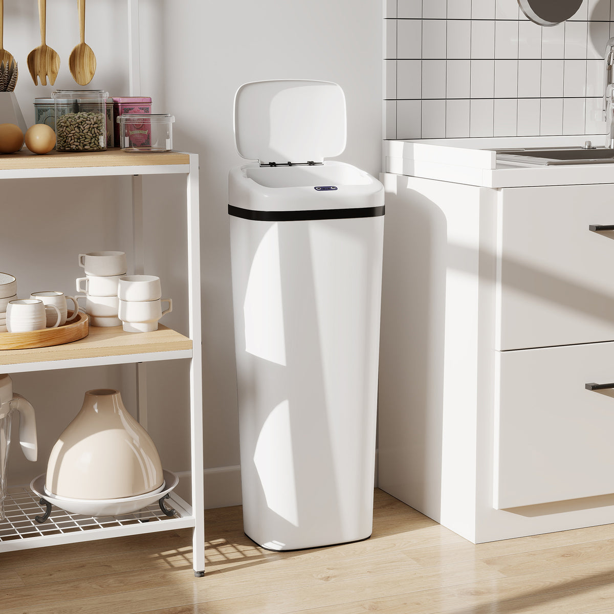 HOMCOM 50L Infrared Sensor Trash Can with 2 Opening Modes, Anti-Fingerprint Surface, White